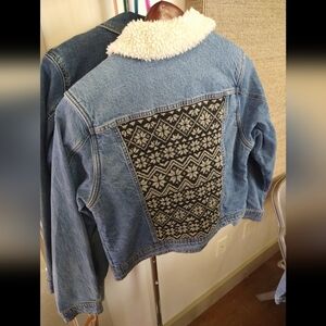 Upcycled Denim Jacket with Black & White Knit Snowflake Back - Sherpa Lined!